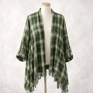 Krazy Kat Plaid Shawl Fringed Cardigan Women XL Green Lurex Western Festival NWT